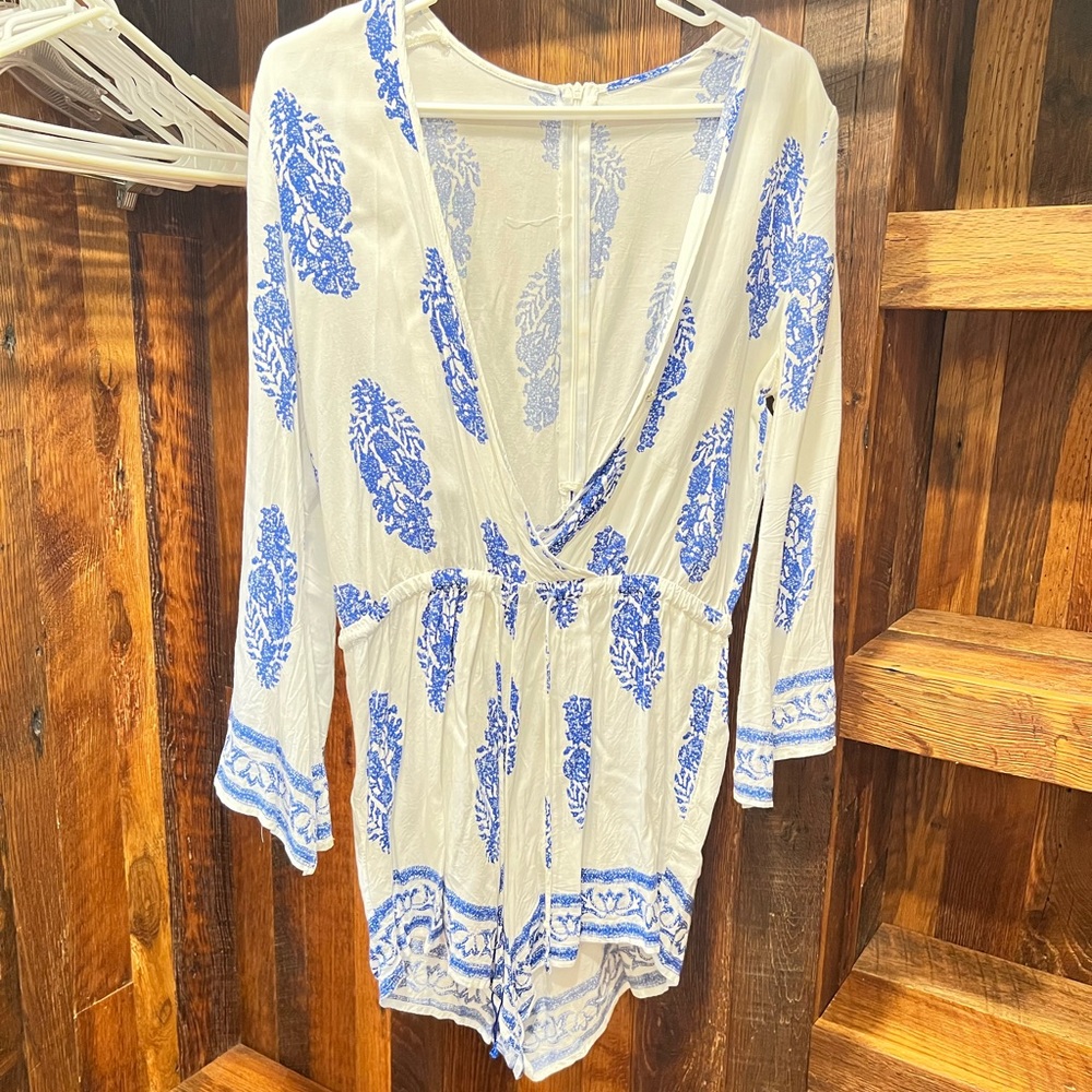 White and Blue Floral Romper